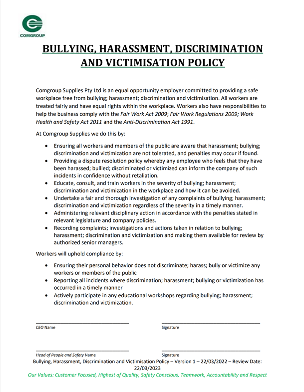 Bullying Harassment Discrimination Victimisation Policy